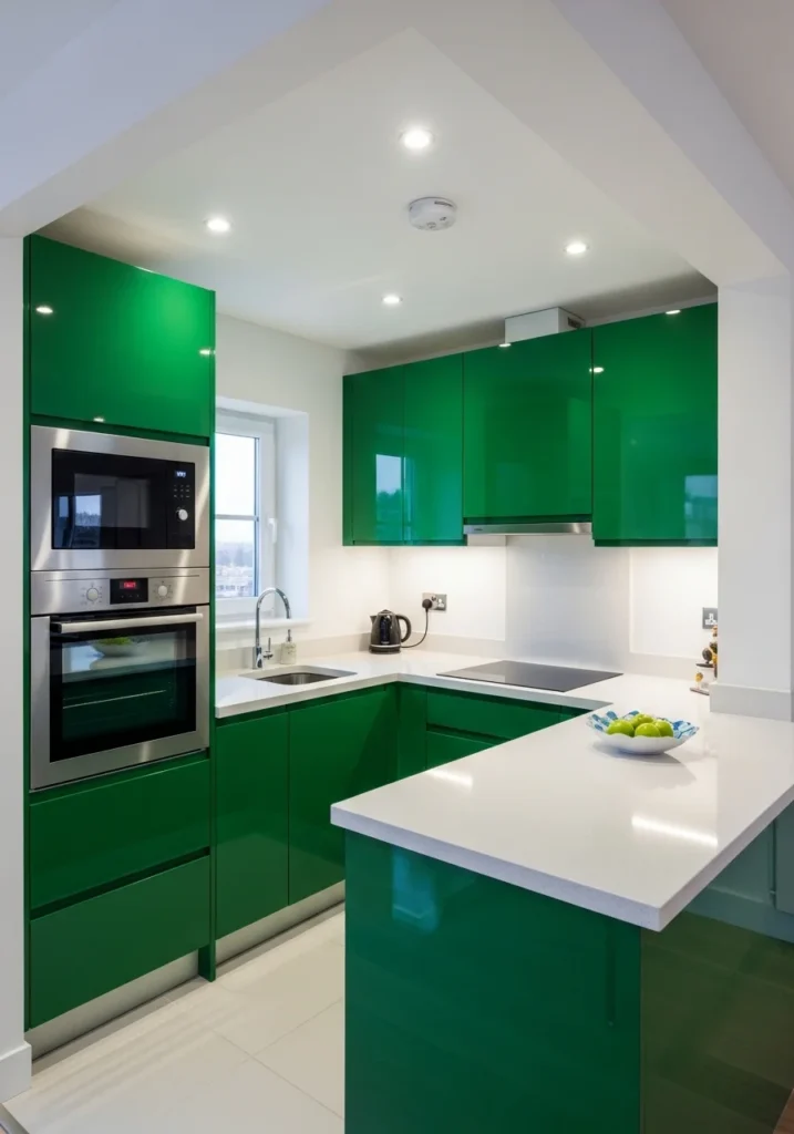 Glossy green kitchen cabinets reflecting light in small space