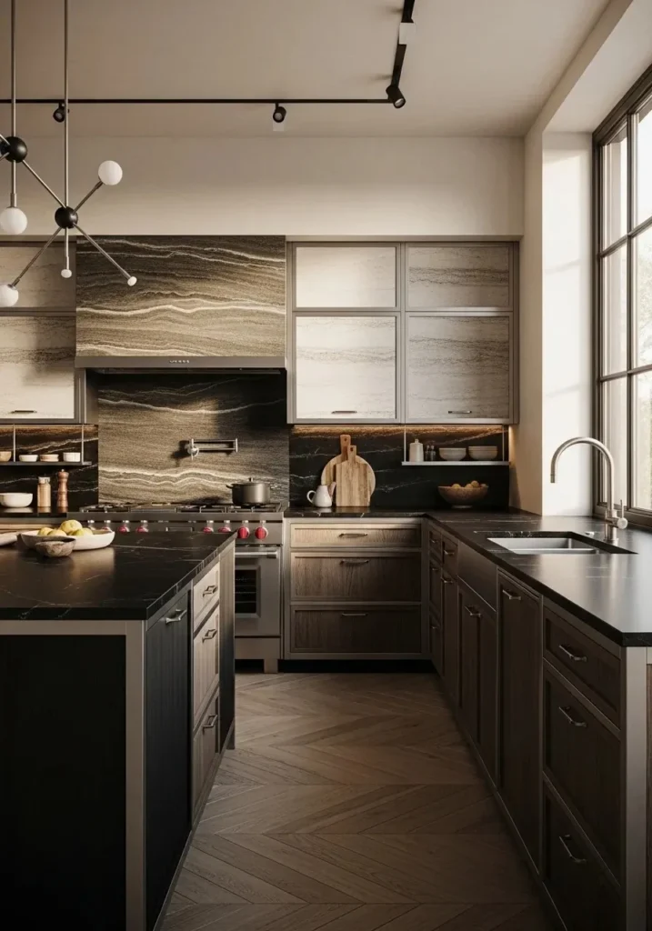 Mixed materials kitchen with black countertops for layered design