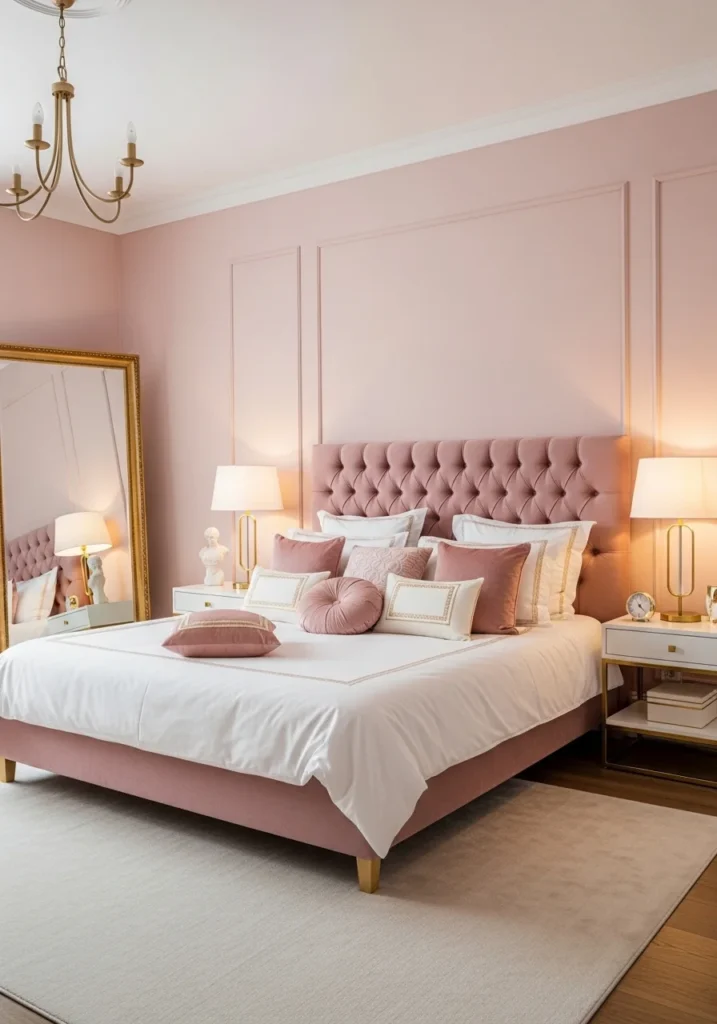 Pink bedroom decor with gold accents adding a luxurious and elegant touch