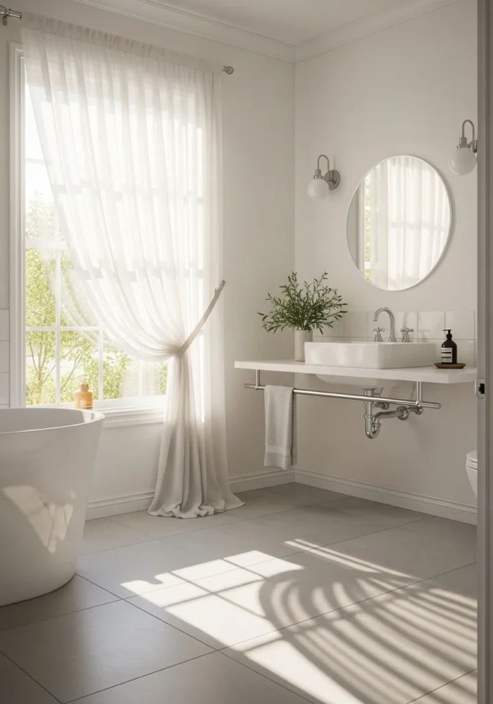 Sheer bathroom curtain creating a light and airy space