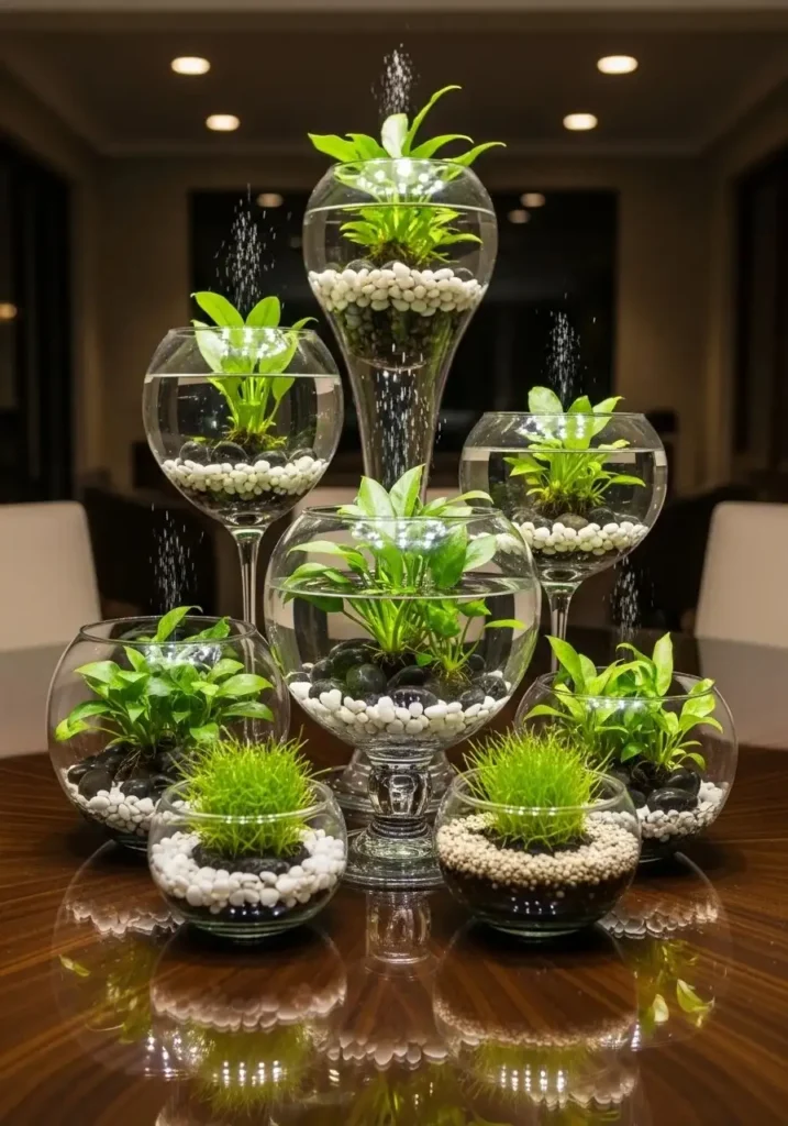 Water plants centerpiece with glass vases and decorative stones on table