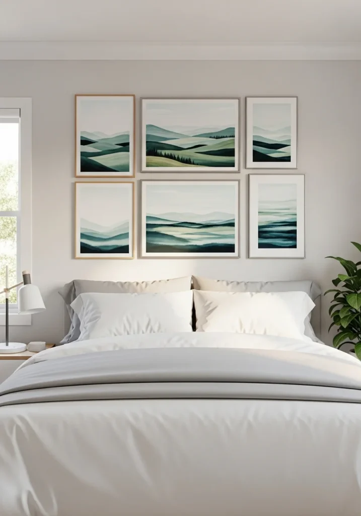 Guest room with thoughtfully arranged artwork above the bed for a curated and welcoming look.