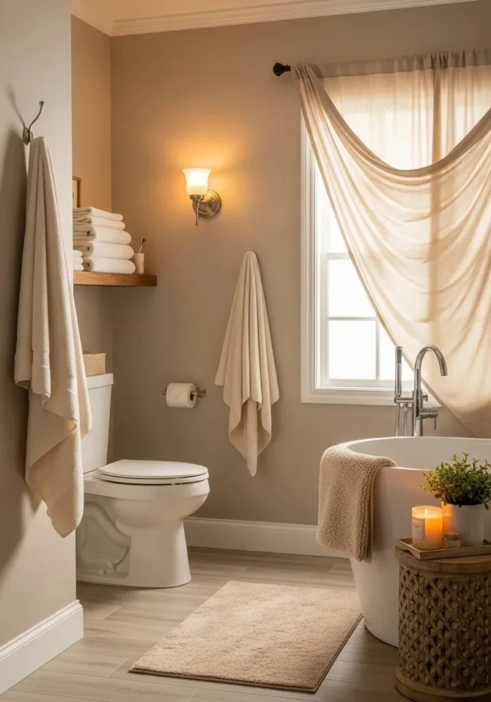 Cozy bathroom with soft textiles and layered textures