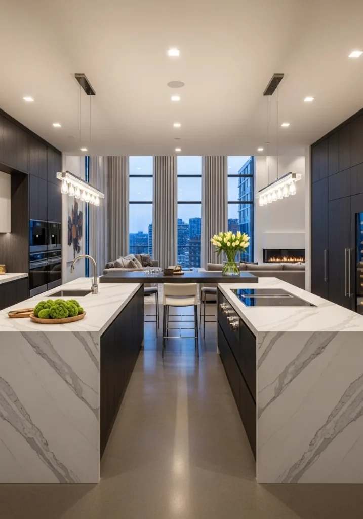 Double waterfall islands creating luxury kitchen space design