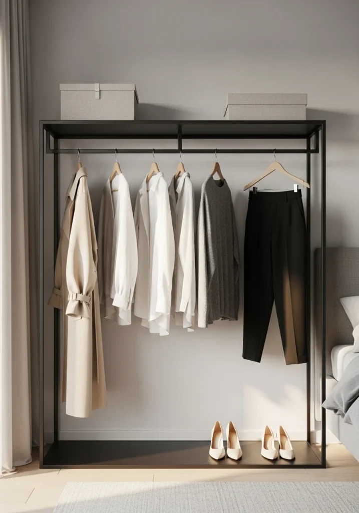 minimalist open rack closet with clean organized clothing display