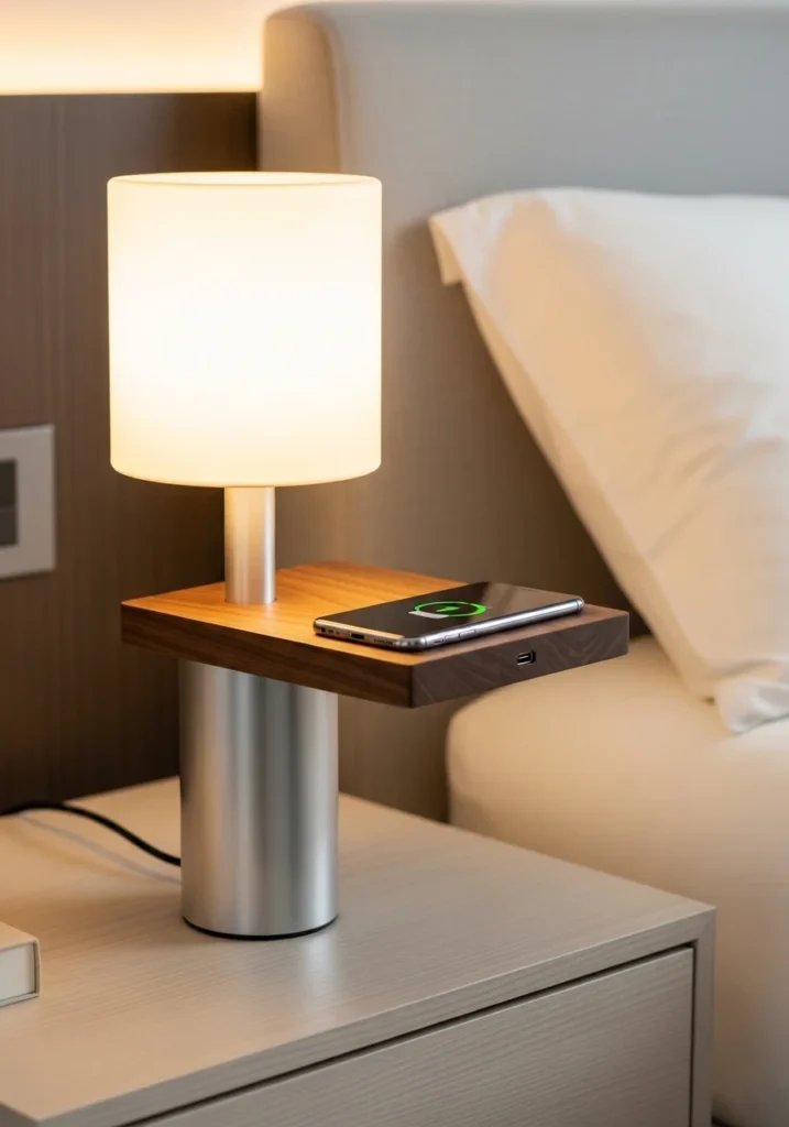 Bedroom lamp with storage and charging feature for modern use