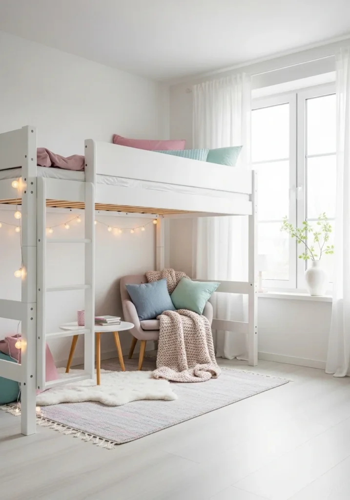 White loft bed making a small room feel open and bright