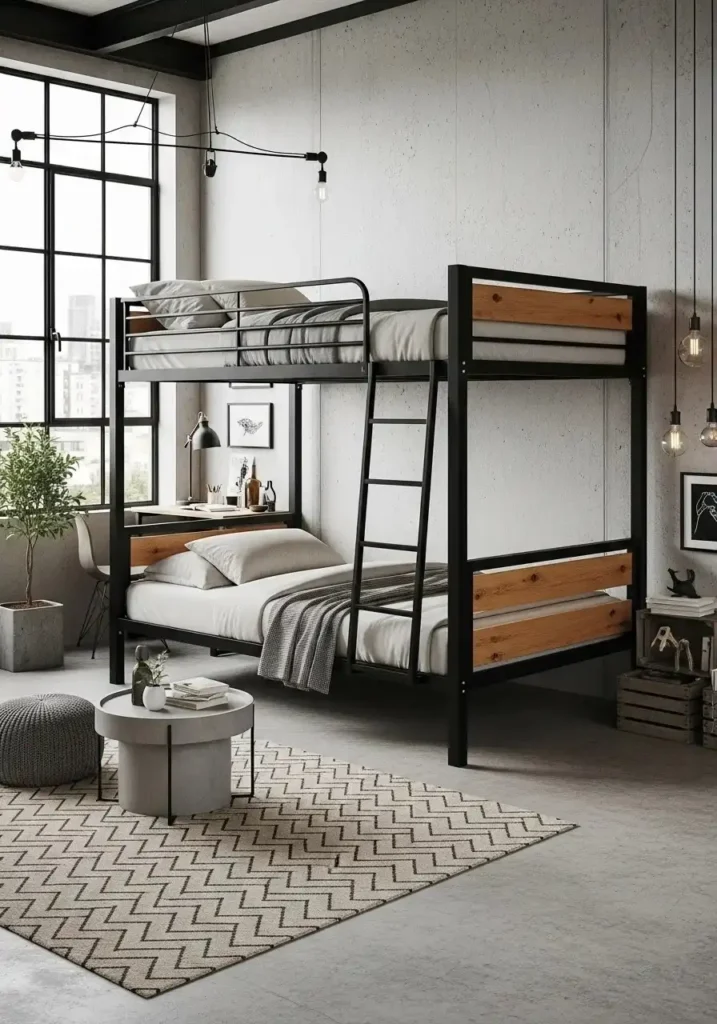 Industrial loft bed with black metal frame and wooden details