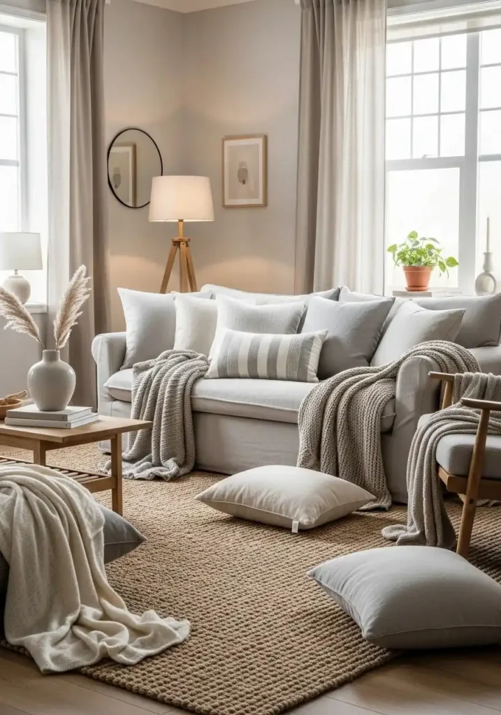 Soft textures in Japandi living room with cozy neutral fabrics