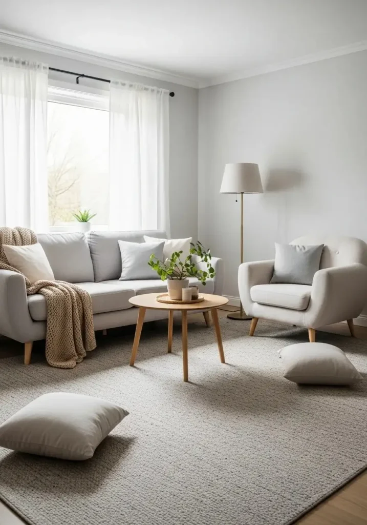 Neutral rug in Japandi living room for warmth and texture