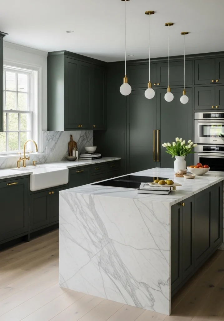 Green kitchen cabinets paired with marble countertops