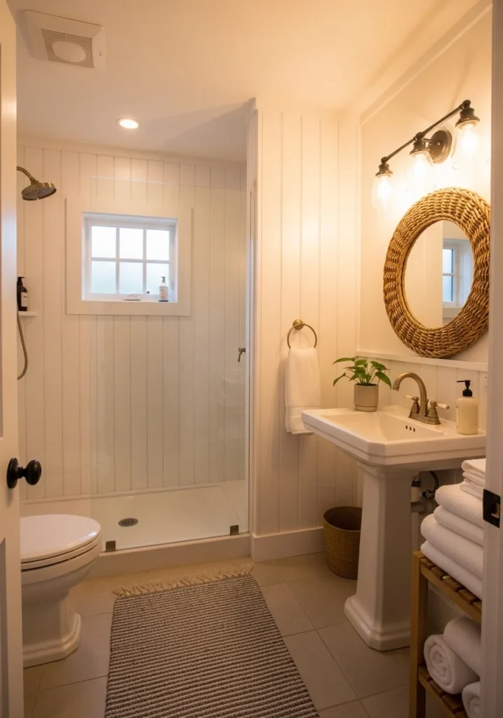 Vertical shiplap wall adding height and texture to a small bathroom walk-in shower