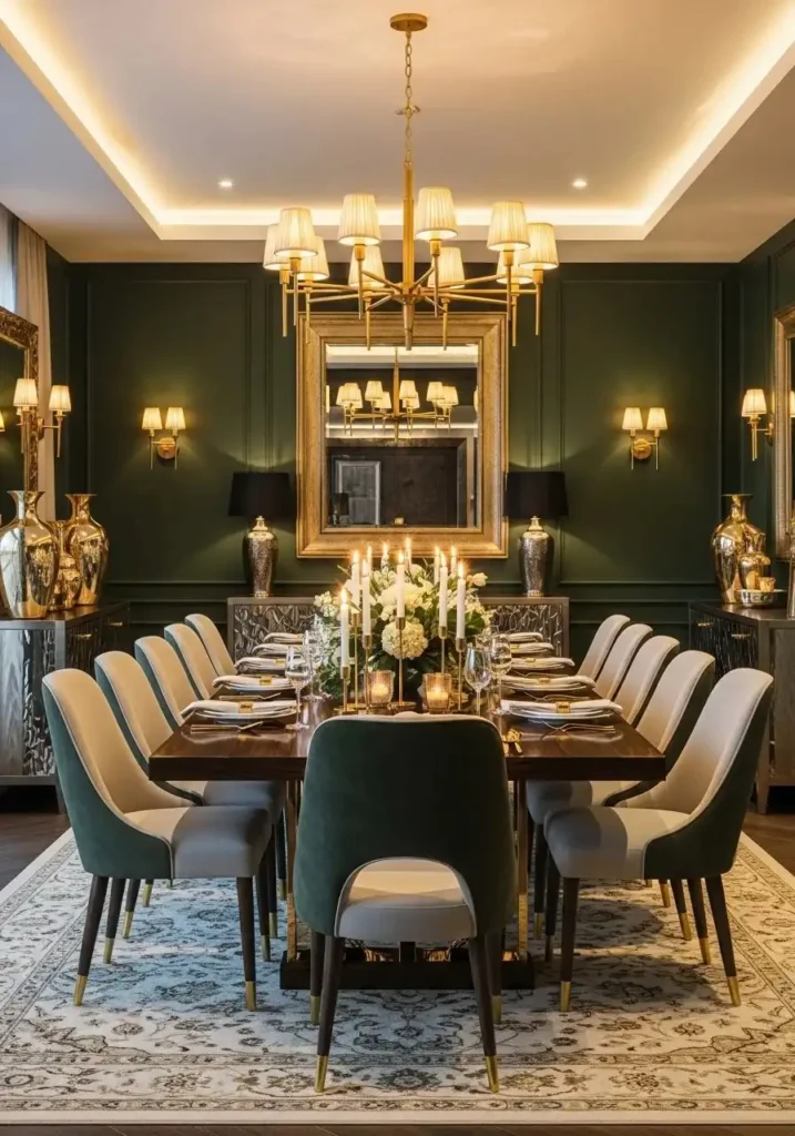 Green and gold accents creating elegant and luxurious dining room design