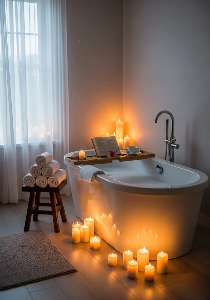 Spa-style bathroom with calming accessories creating a peaceful self-care environment
