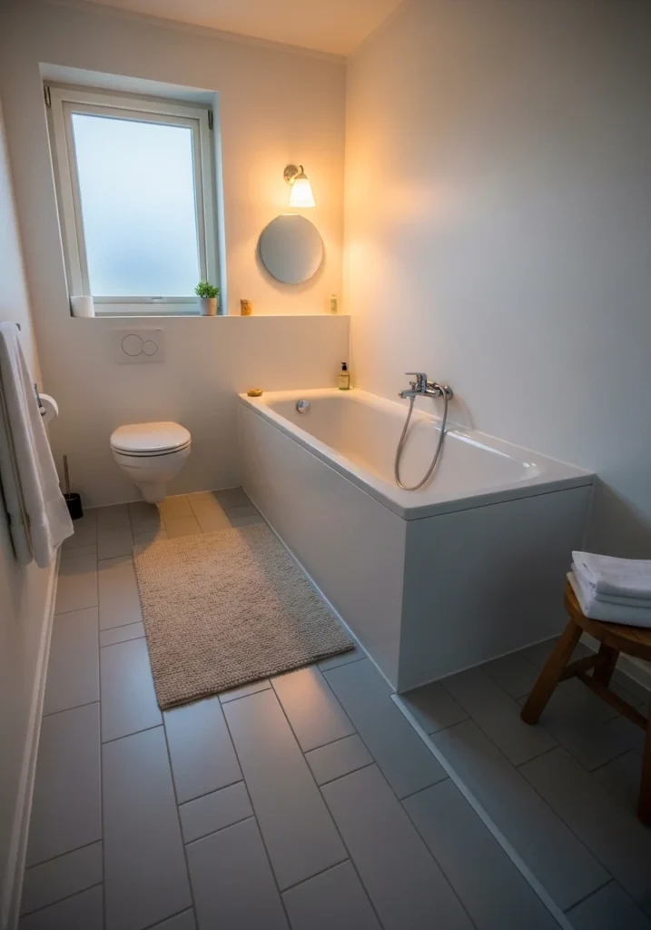 Neutral bathroom rug adding warmth beside bathtub in small space