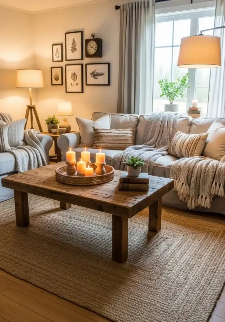 Rustic wooden coffee table in cozy farmhouse living room with soft neutral decor
