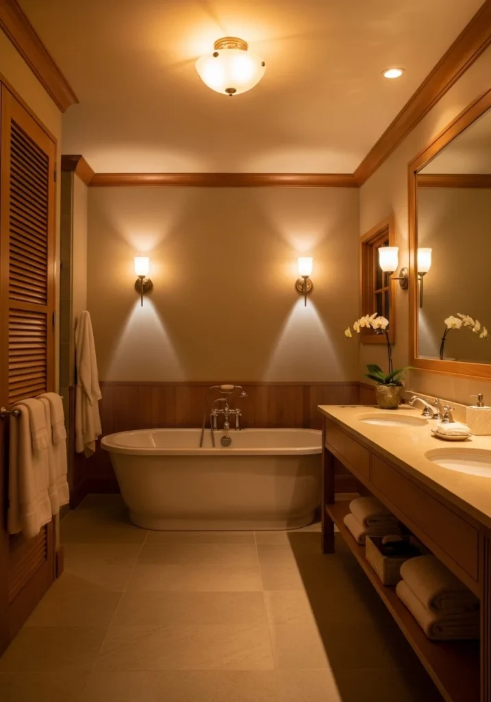 Cozy bathroom with warm lighting creating a relaxing and inviting spa-like ambiance