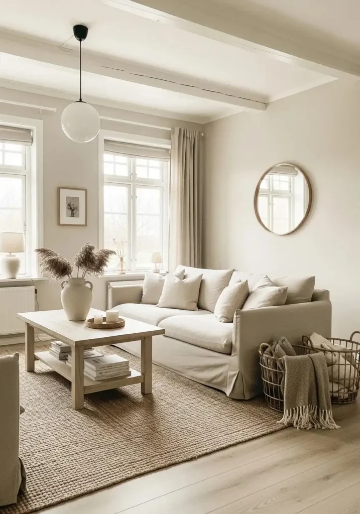 Neutral farmhouse living room with beige sofa, cream walls, and warm cozy lighting