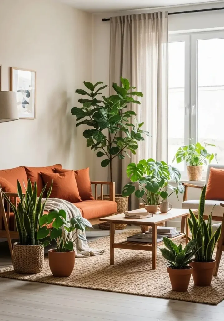 Burnt orange and green tones creating a natural balanced living room style