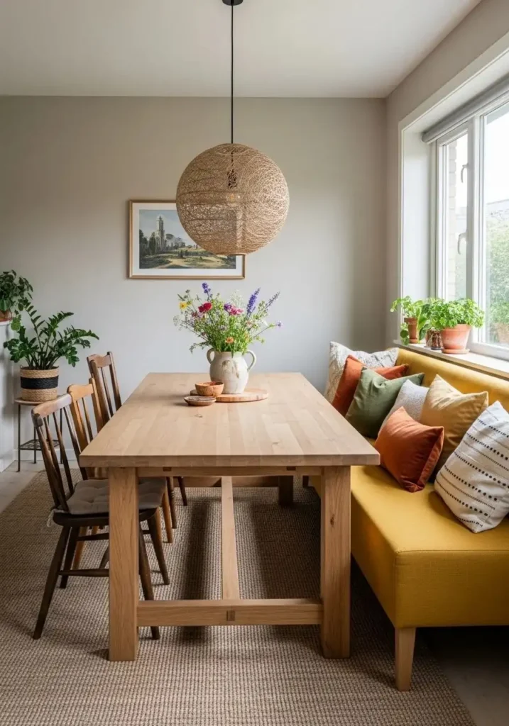 Colorful bench seating creating a relaxed and welcoming dining space