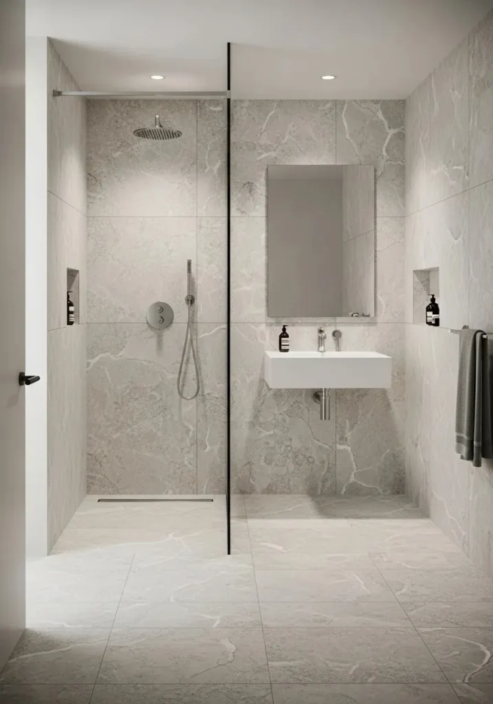 Large format tiles in small bathroom creating a seamless spacious look with walk-in shower