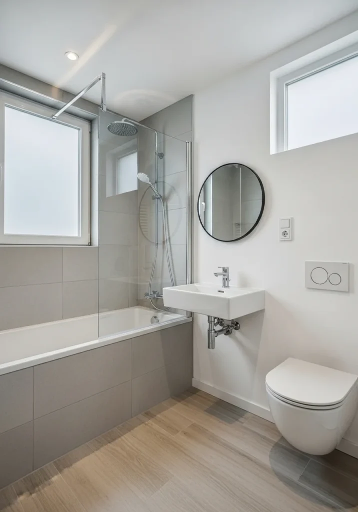 Half-wall enclosure defining bathtub area in small bathroom