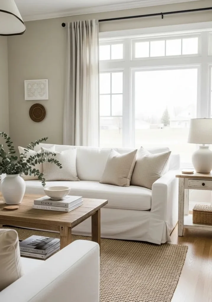 White slipcovered sofa in cozy farmhouse living room with soft neutral decor