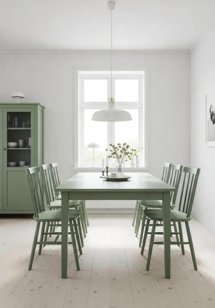 Sage green and white dining room creating fresh and balanced interior look