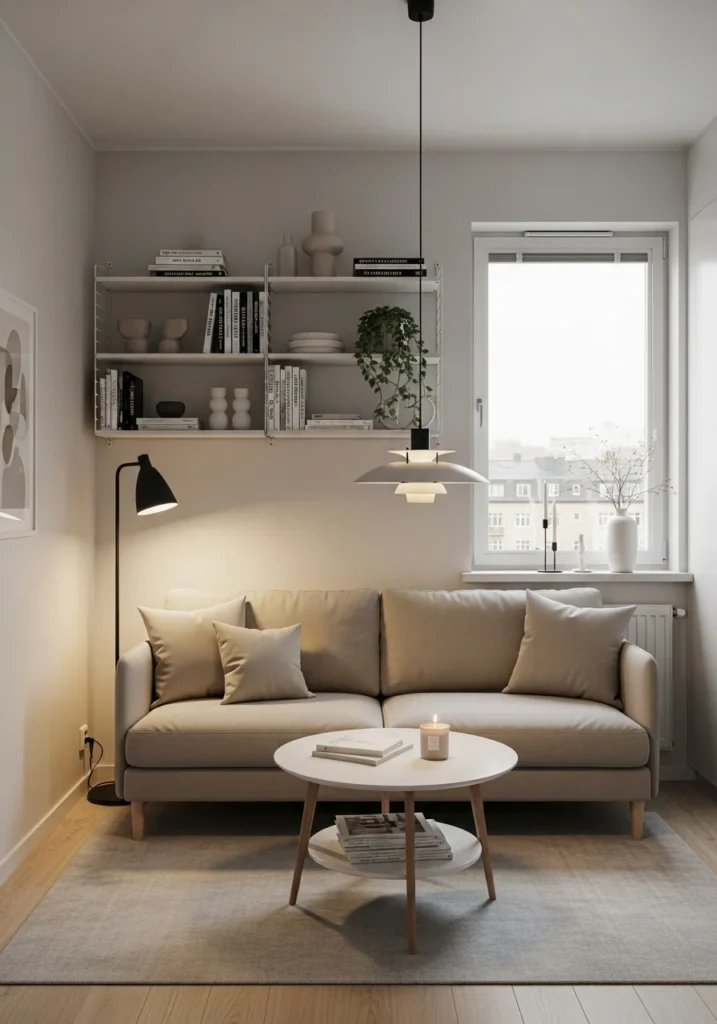 Clutter-free apartment living room designed with intentional decor for a calm atmosphere