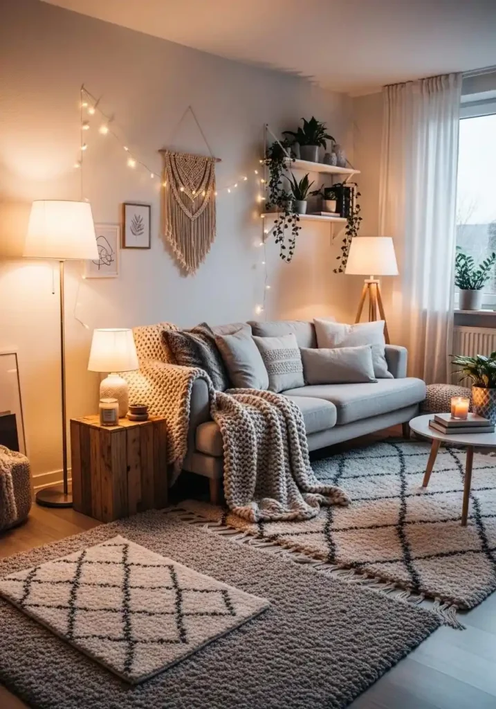 Cozy apartment living room with layered lighting creating a warm and inviting ambiance.