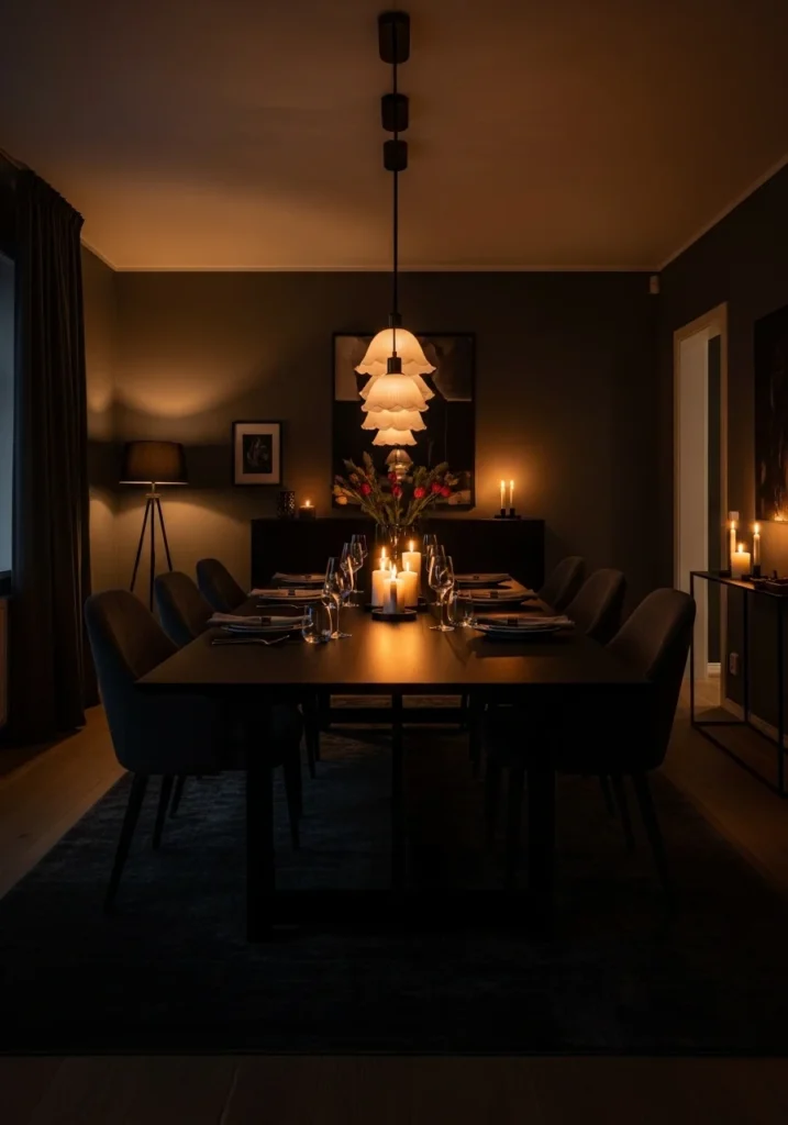 moody dining room with warm low lighting and candle ambiance