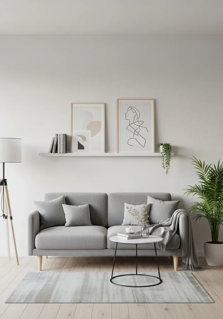 Minimalist grey couch living room with clean and simple decor