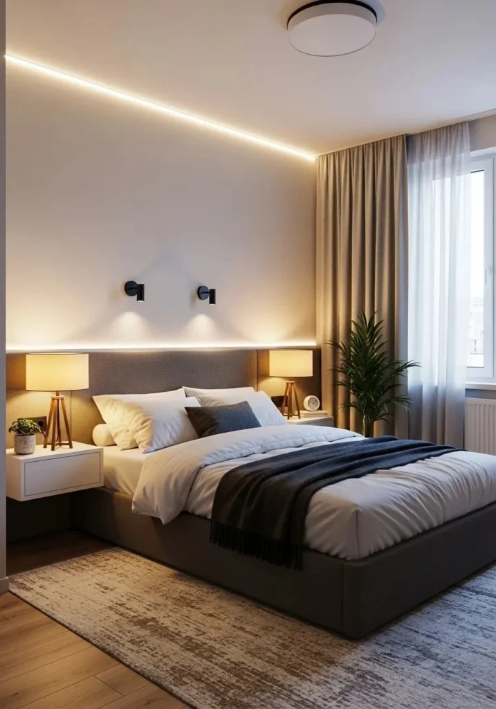 Small bedroom with creative layered lighting and warm ambiance