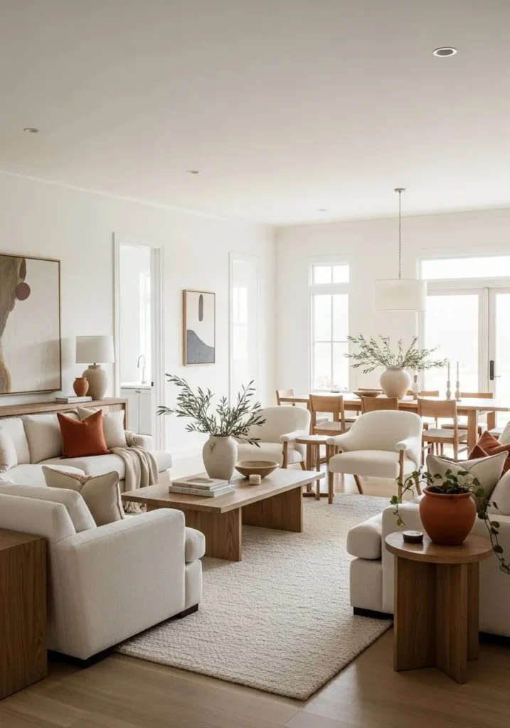 Neutral color palette in living dining room combo creating cohesive look