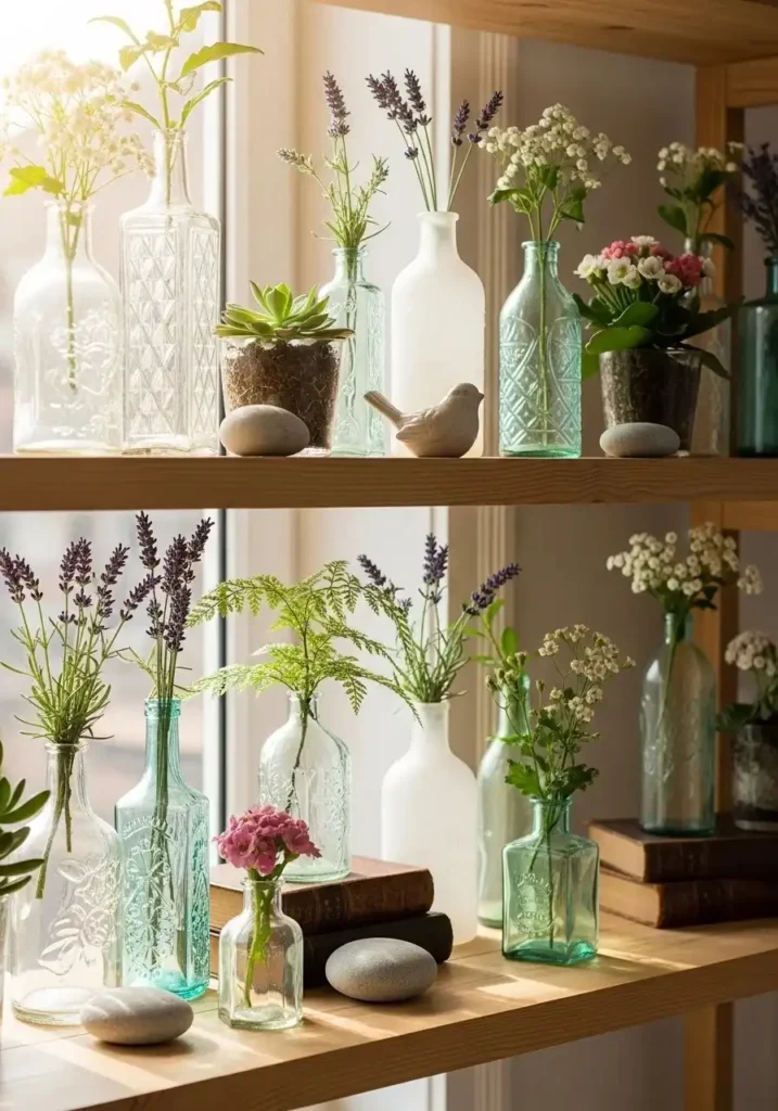 Vintage bottles used as flower pots displayed clearly on a shelf