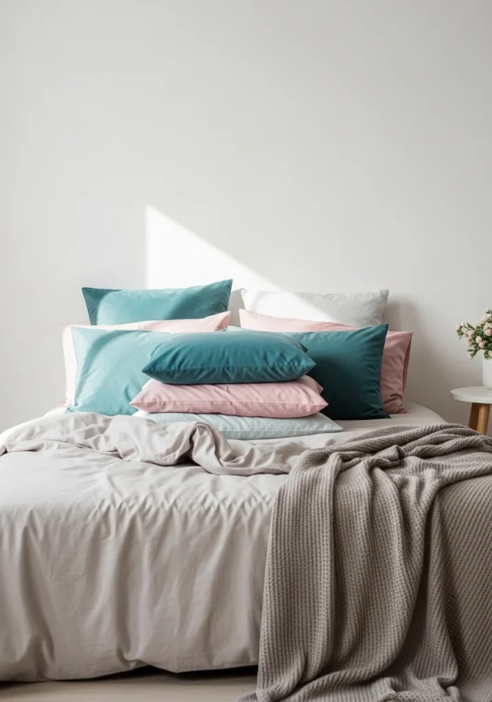 Neutral bed styled with teal and pink layered throw pillows