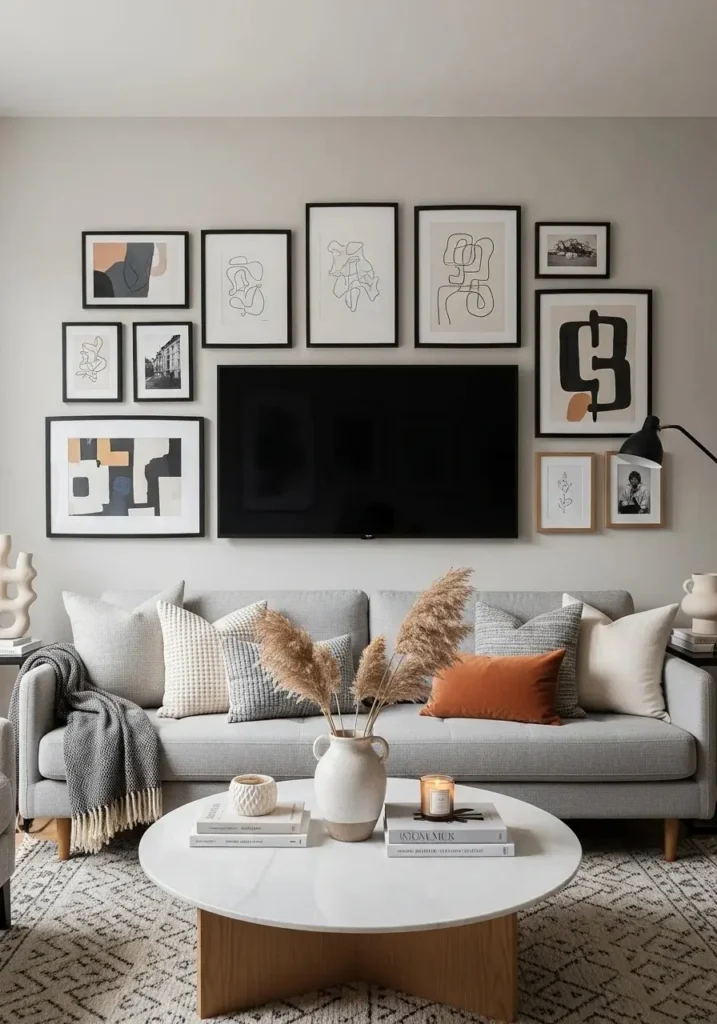 Gallery wall with TV surrounded by framed art in a cozy living room