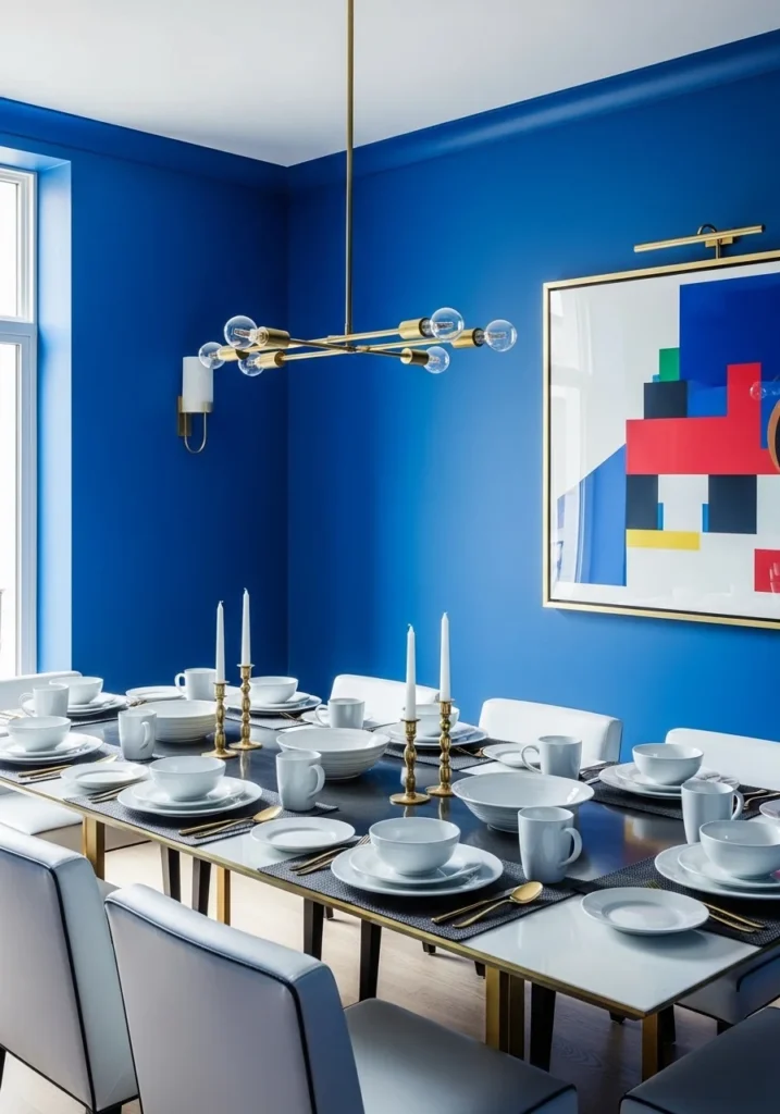 Cobalt blue dining room with bold color drenching style