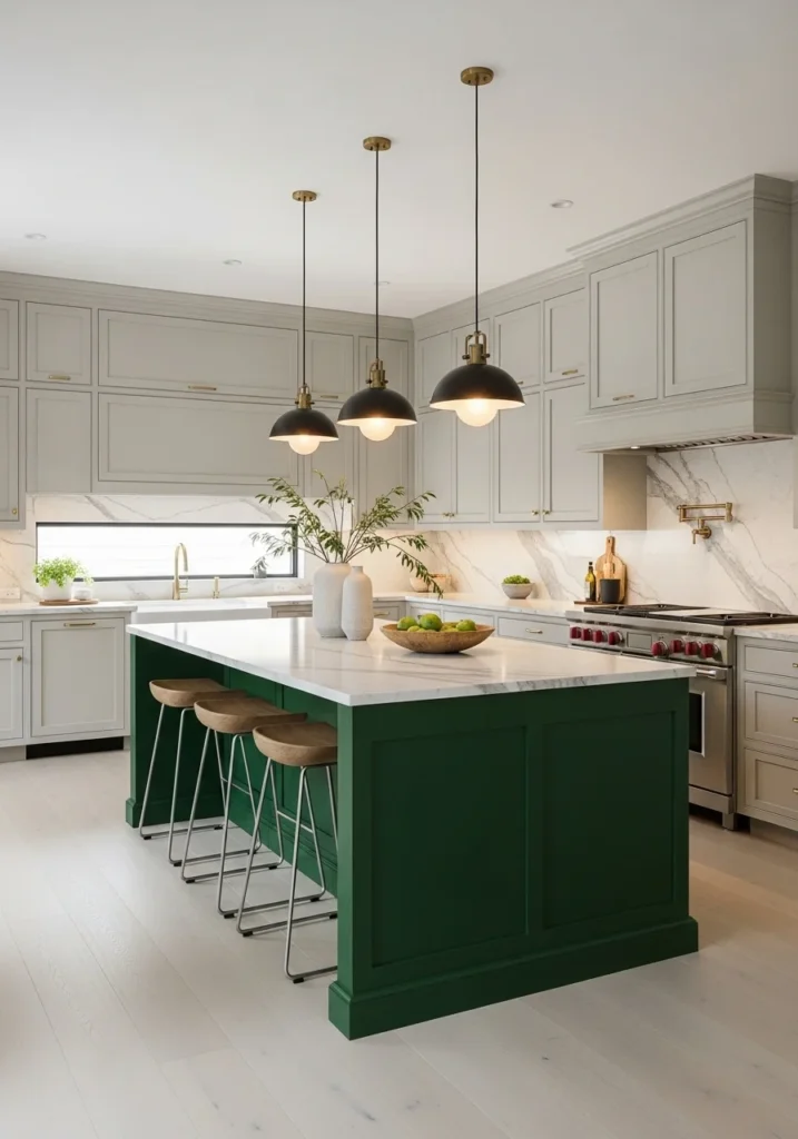 Forest green kitchen island as a bold centerpiece in neutral kitchen