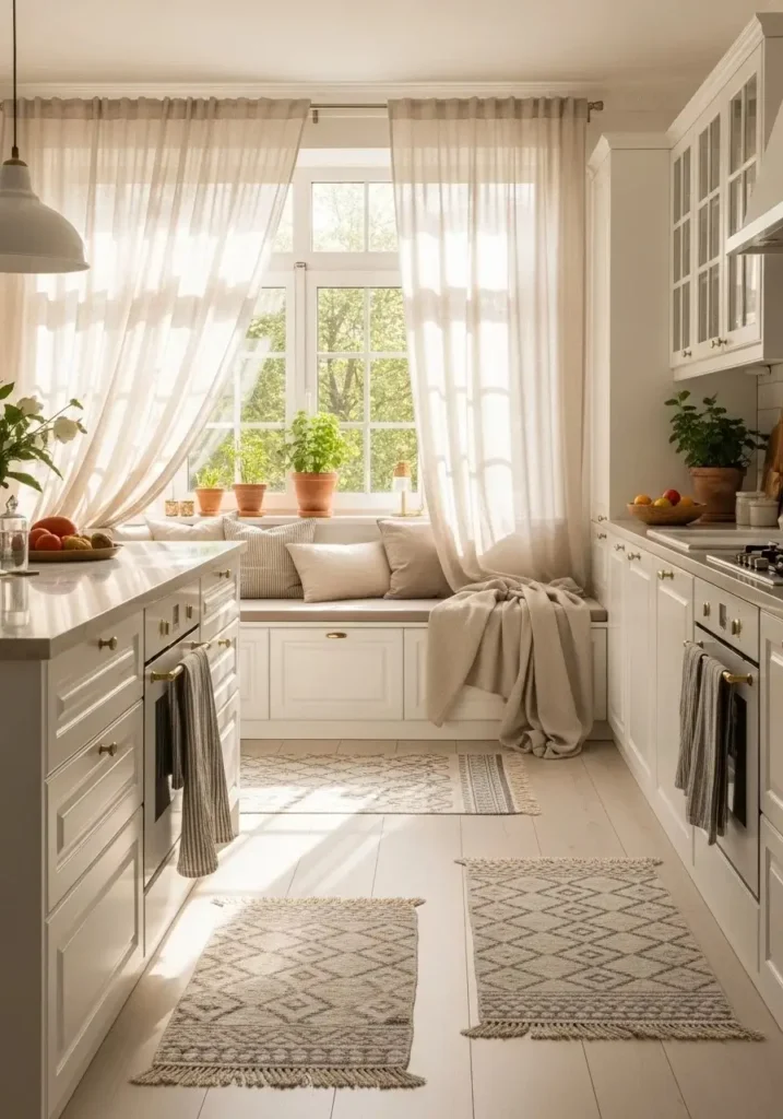 soft textiles white kitchen cozy decor ideas