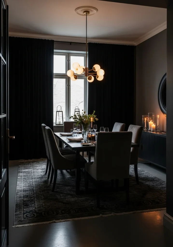 moody dining room with black curtains and soft lighting