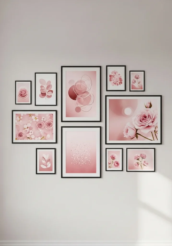 Pink and black gallery wall adding personality to bedroom decor