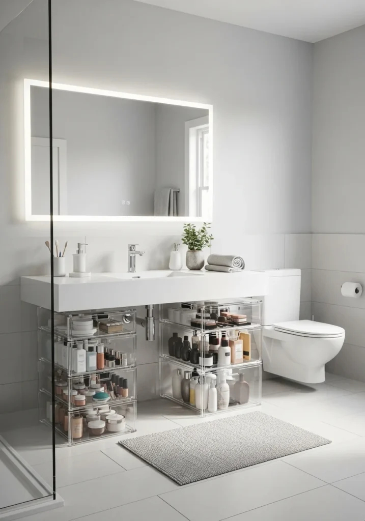Stackable drawers organizing bathroom essentials under sink.