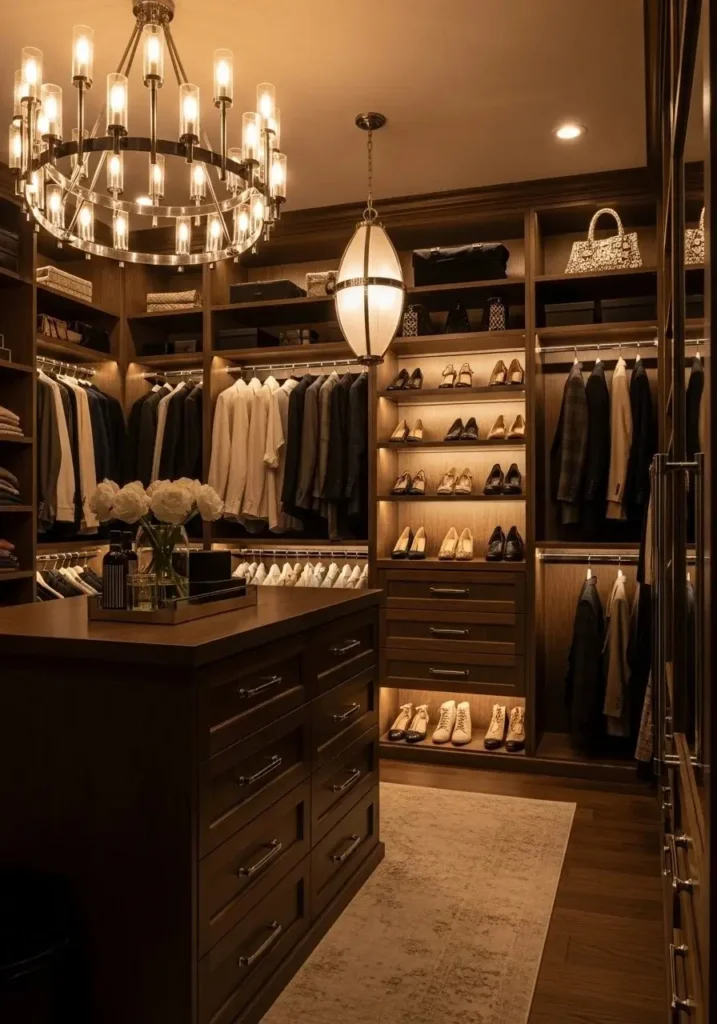 Warm lighting setup in small walk in closet for cozy atmosphere