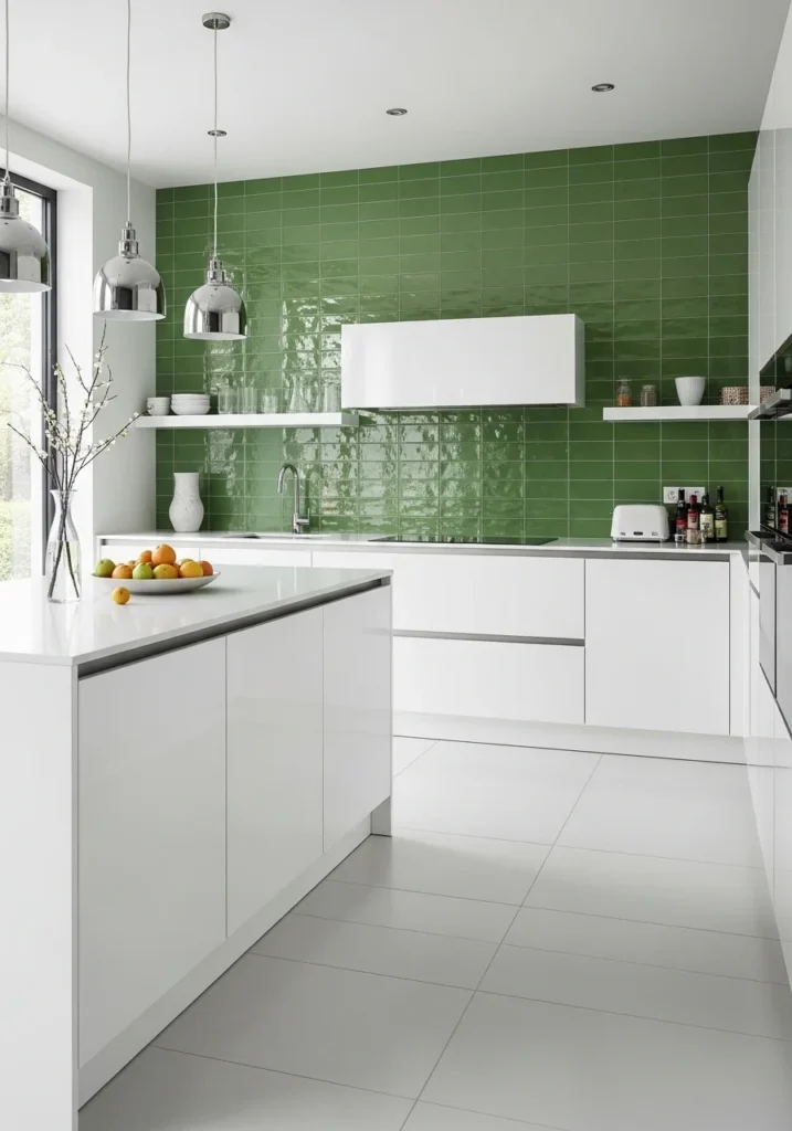 Green tile backsplash adding texture and color to kitchen