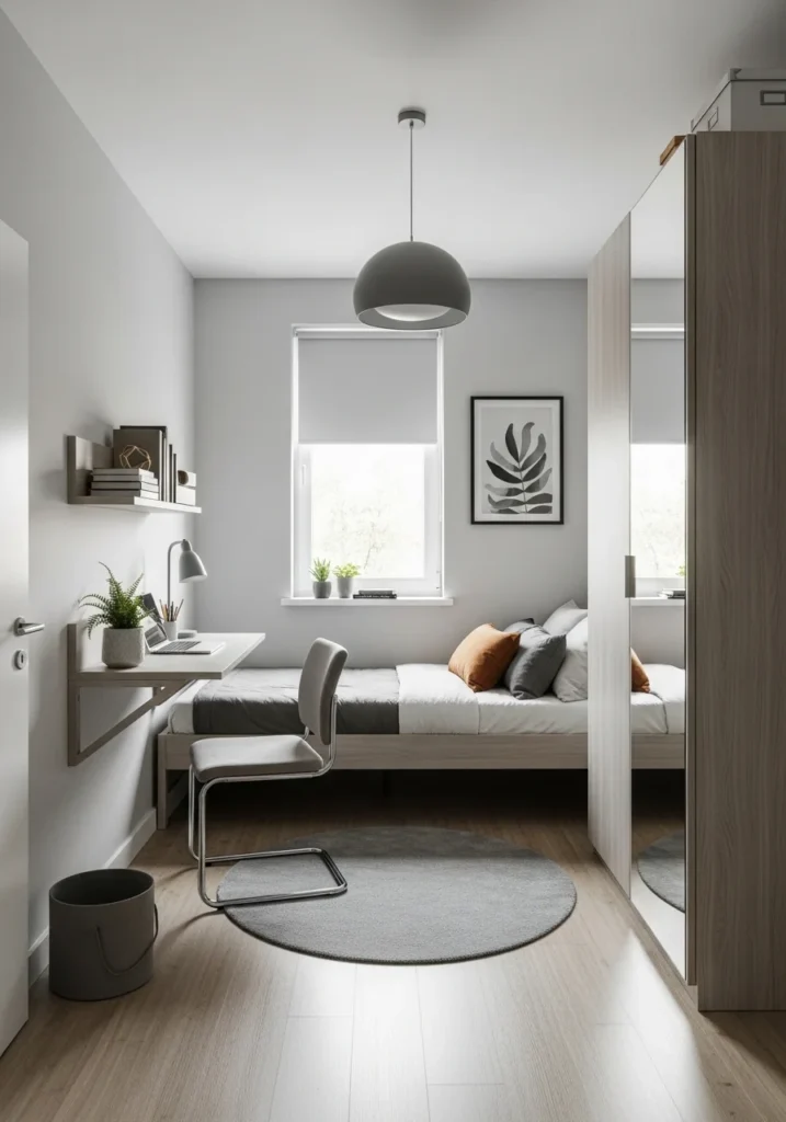 Small bedroom with efficient furniture layout and open space