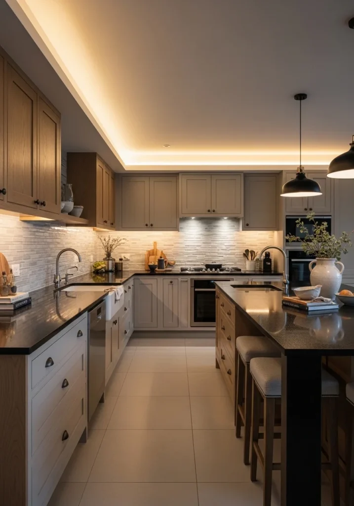 Textured backsplash with black countertops adding depth to kitchen