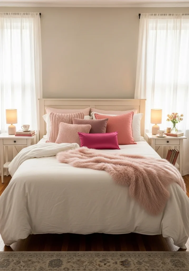Pink throw pillows adding style and comfort to bedroom decor
