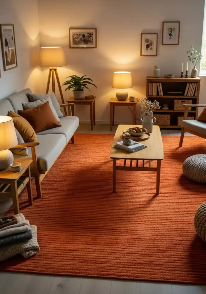 Burnt orange rug grounding the living room with warmth and texture