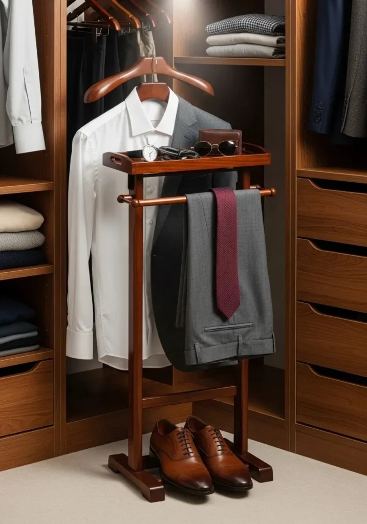 Valet stand in closet for planning daily outfits